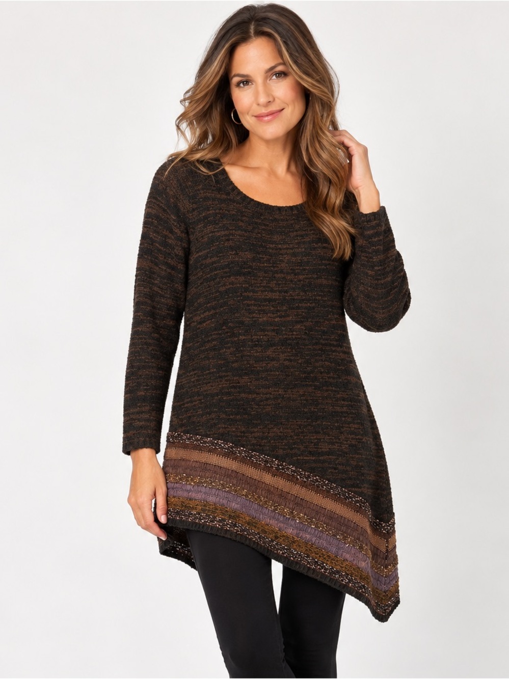 Soft Surroundings Women’s L Brown Black Asymmetrical Hem Tunic Sweater Wool Fall